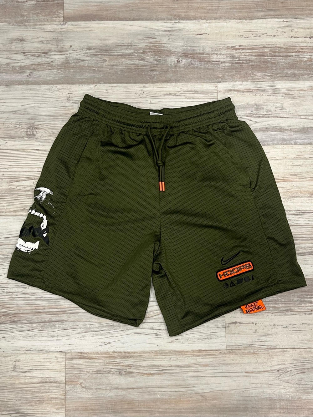 Nike Olive Green Hoops Mesh Athletic Shorts with Orange Accents